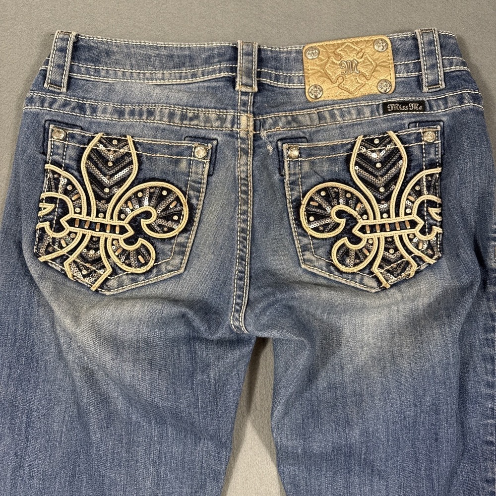 Miss Me Boot Women 28x32.5 Embellished Fleur De Lis Jean THICK STITCH WHISKERIs